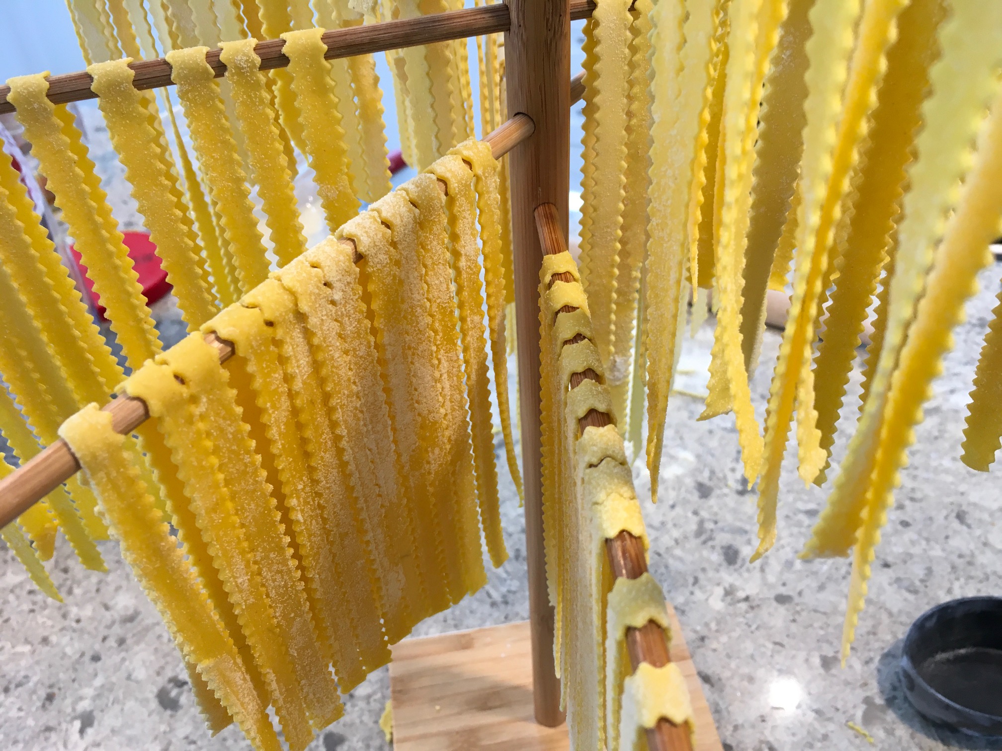 Mafaldine pasta nnoodles drying