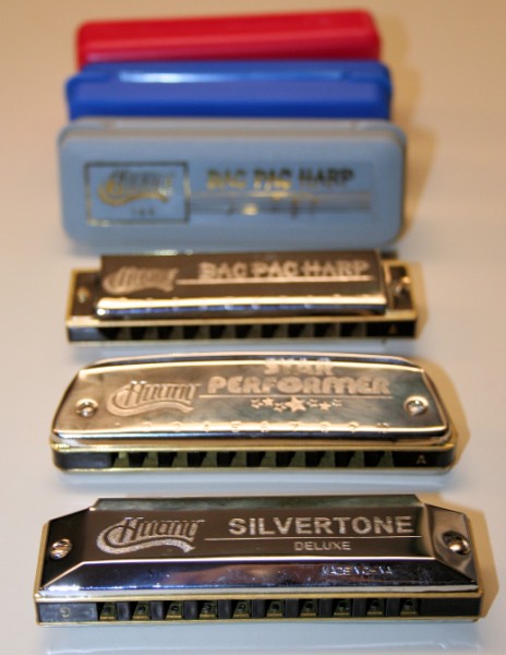 Huang harmonicas, front to back: Silvertone, Star Performer, Bac Pac. 